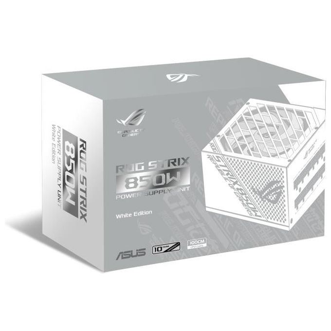 ASUS ROG Strix 850W White Edition Alimentatore Gold completamente modulare, dissipatori ROG, ventola Axial Tech, tecnologia 0dB, Certificazione 80+ GOLD, design full modulare, 10 anni garanzia