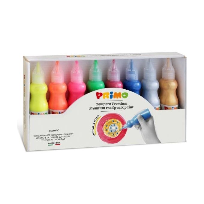 Primo Confezione 8 Bottiglie 50ml Tempera Fluo Metal