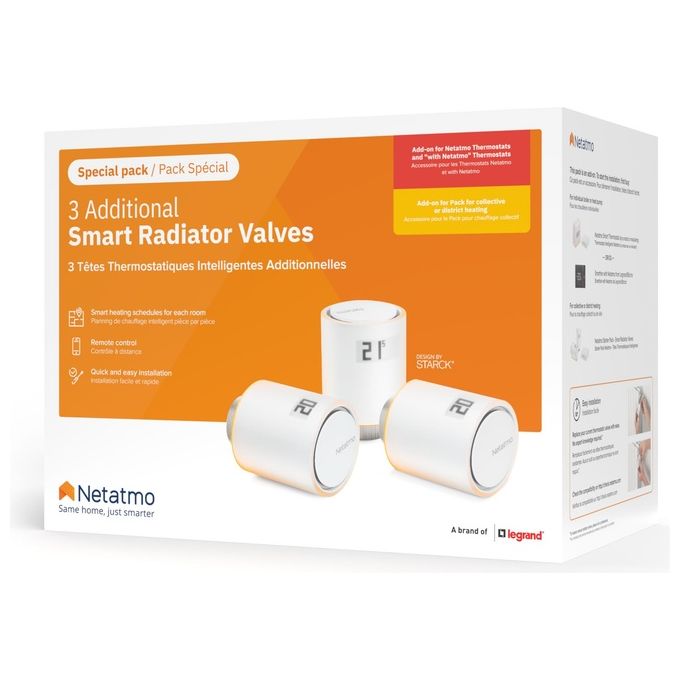 Netatmo Testa Termostatica Intelligente, Set da 3, Controllo Remoto, Risparmio Energetico, Modulo Supplementare per il Termostato Intelligente e per il Kit di Base per Riscaldamento Centralizzato