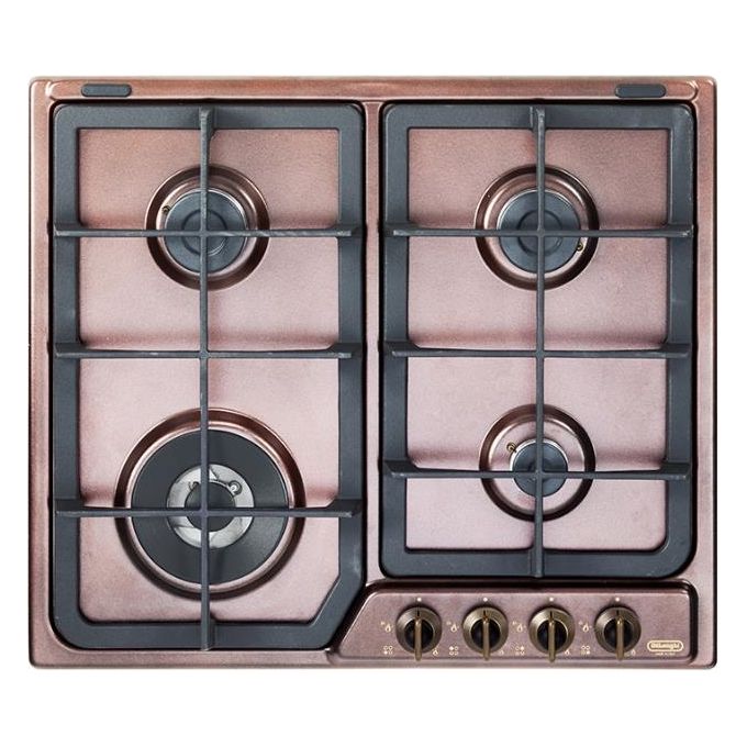 De’ Longhi ROF 46 PRO – Piano cottura Country, gas incasso, 60 cm, 4 fuochi (1 tripla corona ultrarapida + 3 semirapidi), griglie in ghisa, manopole ottone anticato, piano smaltato ramato, comandi frontali, doppia corona, valvole di sicurezza, accensione
