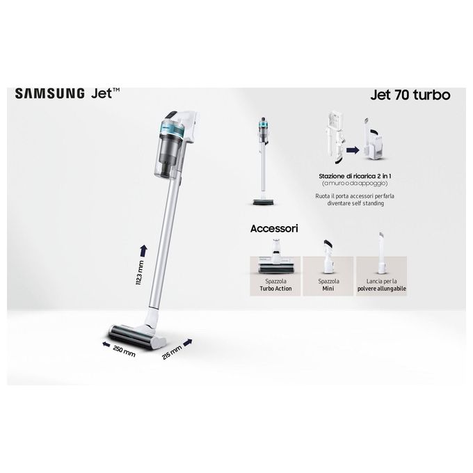 Samsung VS15T7031R1 Jet 70 Turbo Scopa Elettrica senza Filo senza Sacchetto Capacita' 0,8 Litri Autonomia 40 minuti Bianco-Silver