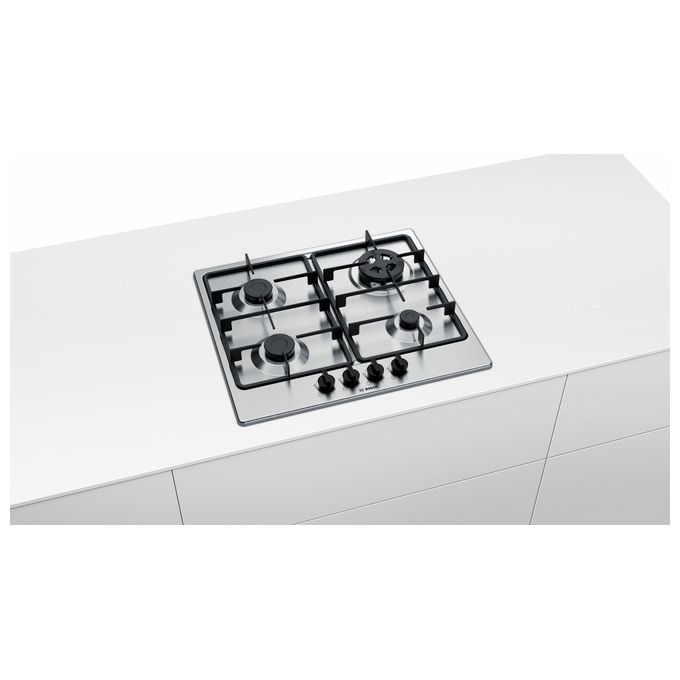 Bosch PGH6B5B60 Serie 4 Piano Cottura a Gas 4 Zone Griglie in Ghisa 60 cm Acciaio Inox