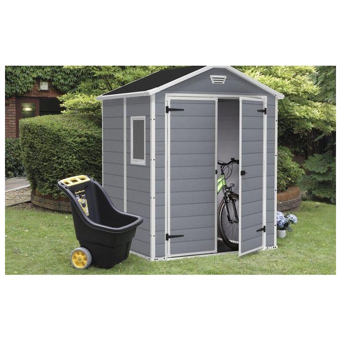 Keter K203521 Manor 6x5 Casetta da Giardino in Resina Doppia Porta Finestra Laterale Pavimento Incluso 185x152x226 cm colore Grigio