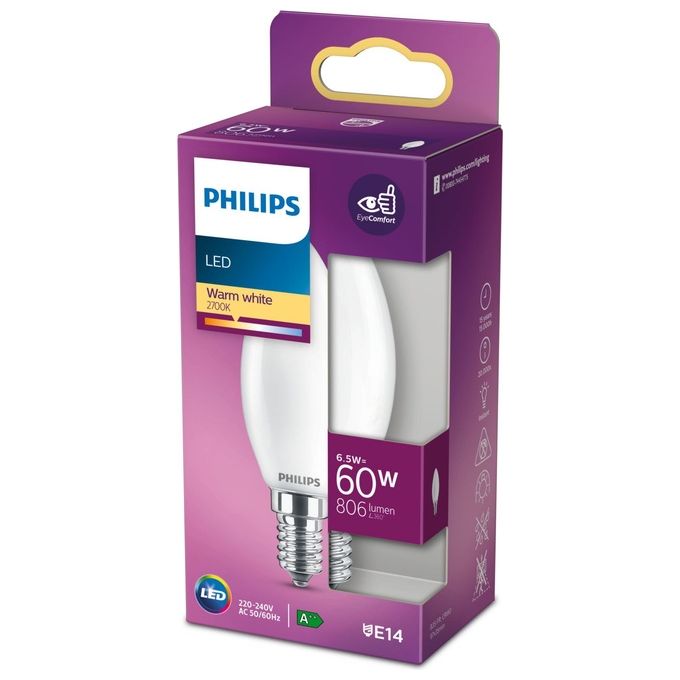 Philips Candela Lampadina Led 60W e14 Luce Bianco Caldo