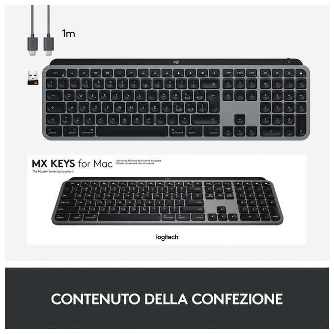 Logitech MX Keys for Mac - Tastiera wireless, Bluetooth, USB-C, MacBook Pro, MacBook Air, iMac, iPad, Italiano QWERTY - Grigio