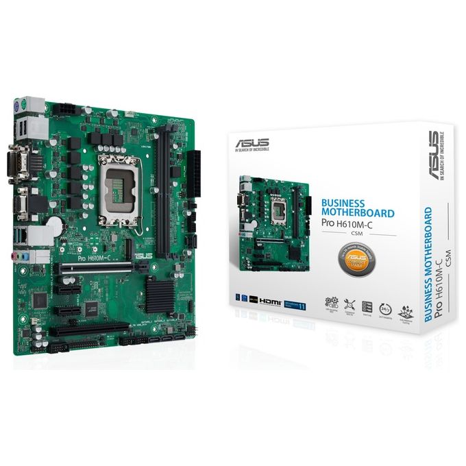ASUS PRO H610M-C CSM Scheda Madre mATX, Intel H610, LGA1700, DDR5, PCI 5.0, LAN Intel 1Gb, Realtek 7.1 Surround, 1xM.2, 4xSATA 6GB-s, USB 3.2 Gen 2, ASUS Control Center Express, Nero