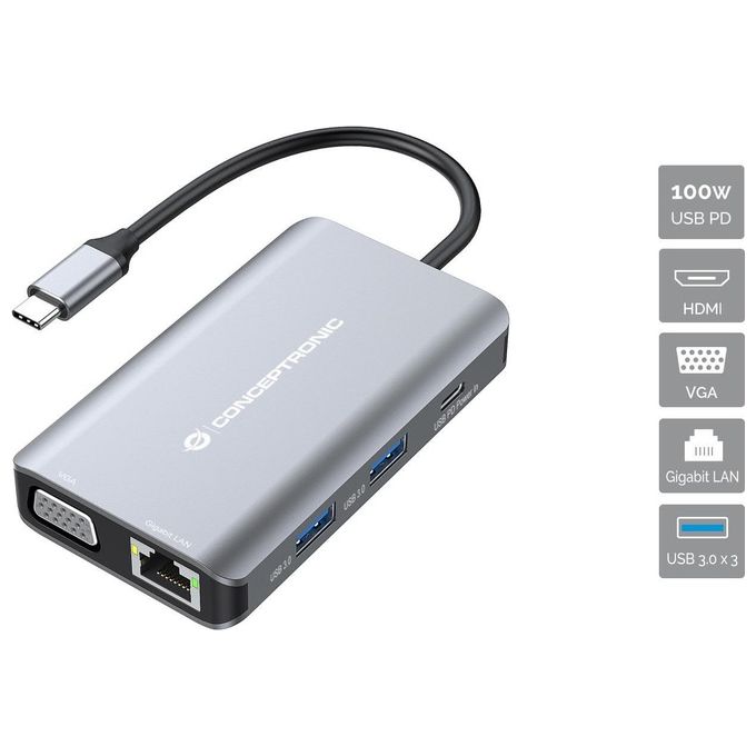 Conceptronic DONN21G Replicatore di Porte e Docking Station per Laptop Cablato USB 3.2 Gen 1 Type-C Grigio