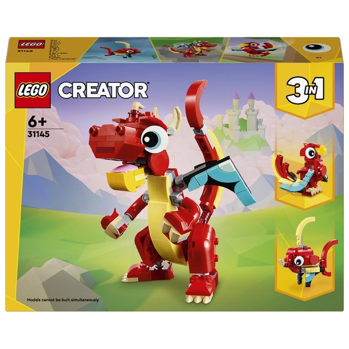LEGO Creator 31145 3in1 Drago Rosso, Giochi per Bambini di 6+ Anni, Action Figure Ricostruibile in Pesce e Fenice Giocattolo