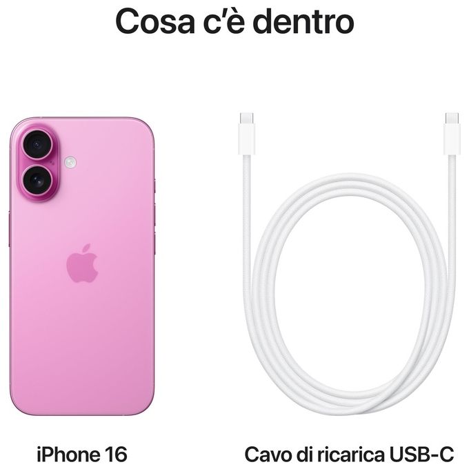 Apple MYEA3QL-A iPhone 16 Smartphone 5G 128GB Display 6.1'' OLED Chip A18 Doppia SIM IP68 colore Rosa