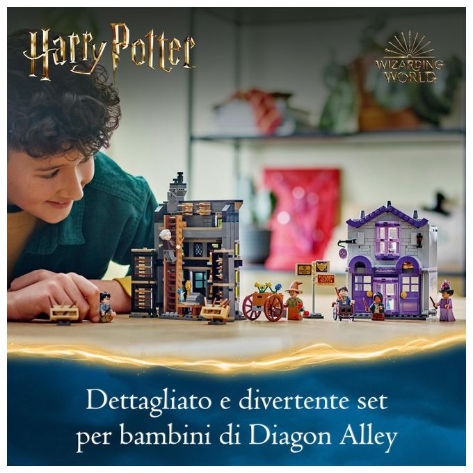 LEGO Harry Potter Olivander e Madama McClan: Abiti per Tutte le Occasioni 2 Modelli di Negozi Giocattolo da Costruire con 6 Minifigure Giochi Creativi per Bambini da 8 Anni da Collezione 76439