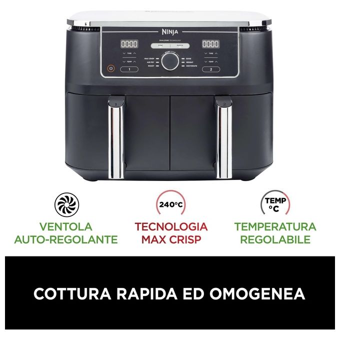 Ninja AF400EU Friggitrice ad Aria Calda Doppia 9.5 Litri Indipendente 2470W Nero