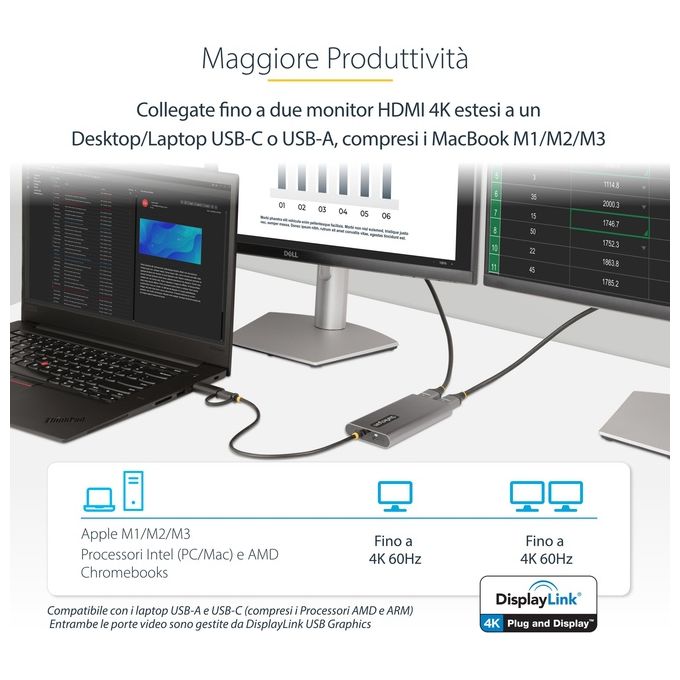 Startech.com Adattatore da Usb-c a Hdmi per Laptop 4k 60hz 100W Power Delivery Pass-through Cavo Integrato 30cm