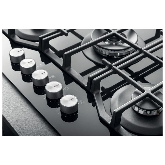 Hotpoint HAGS 72F-BK Serie Cristallo Nero Piano Cottura a Gas 5 Zone 1 Doppia Corona MyMenu Flame Control Griglie in ghisa 73 cm Nero