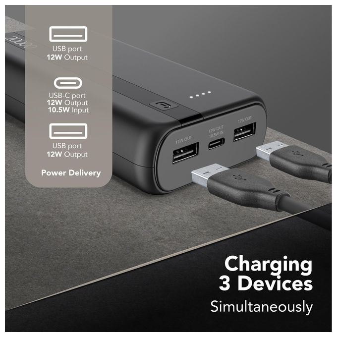 Cellular Line Power Bank 20000 mAh Input USB-C 10.5W Output 2xUSB 12W Li-ion LED luminosi indicano carica residua Nero