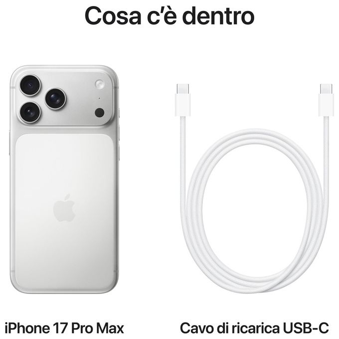 Apple MFYQ4QL-A iPhone 17 Pro Max Smartphone 512GB 6,9'' OLED 120Hz 5G Wi-Fi 7 Tripla Fotocamera 48MP iOS 26 colore Argento