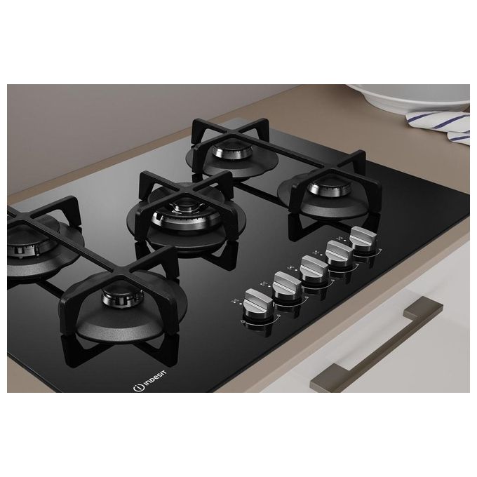 Indesit ING 72T-BK Linea Glass Piano Cottura a Gas 5 Zone 1 High Power Flame Griglie in Ghisa 73 cm Nero