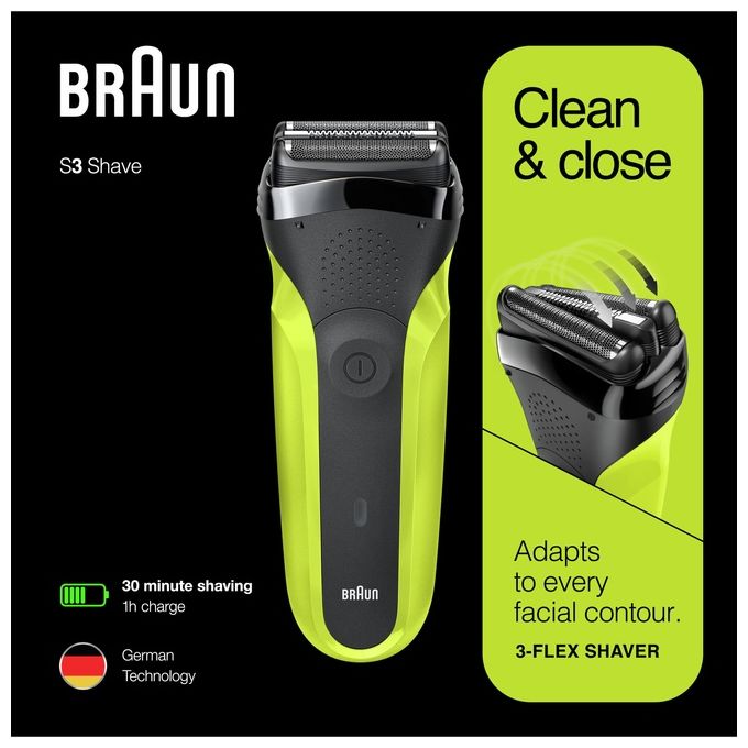Braun Series 3 300 Rasoio Elettrico Uomo con 3 Lame Flessibili Ricaricabile e senza Fili Nero-Verde