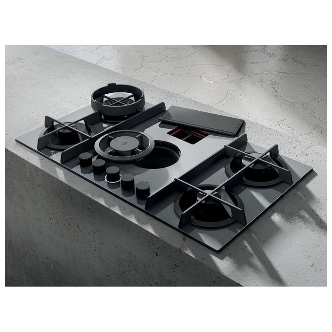 Elica NIKOLATESLA FLAME BL-F-83 Piano cottura aspirante a gas con cappa integrata 4 fuochi + 1 ausiliario Vetro Nero + Ghisa PRF0147741