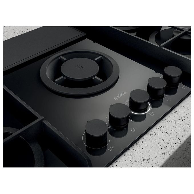 Elica NIKOLATESLA FLAME BL-F-83 Piano cottura aspirante a gas con cappa integrata 4 fuochi + 1 ausiliario Vetro Nero + Ghisa PRF0147741