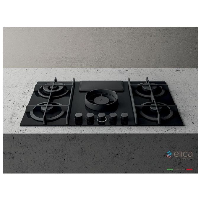 Elica NIKOLATESLA FLAME BL-F-83 Piano cottura aspirante a gas con cappa integrata 4 fuochi + 1 ausiliario Vetro Nero + Ghisa PRF0147741
