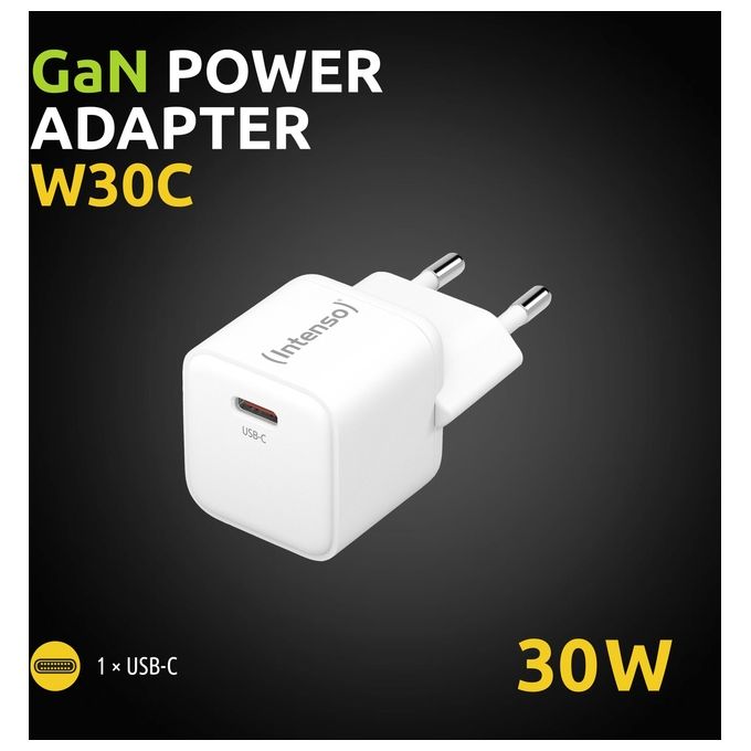 Intenso Power Adapter W30C GaN Alimentatore USB-C da 30 Watt e Tecnologia GaN Bianco