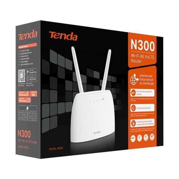 Tenda 4G06 Router 300mbps Wireless N300 4G Lte Volte Cat.4 Supp Fdd Lte-tdd-lte-wcdma-gsm 1p Ge Wan-lan1p Ge Lan 2ff Sim 1p Rj1