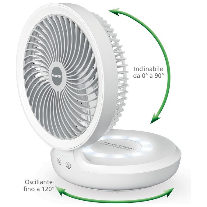Macom Ventilatore da Tavolo Ricaricabile Compact Cordless Enjoy and Relax 990 Bianco con Porta USB