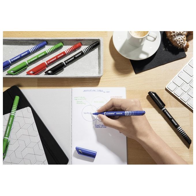 Fineliner con punta ammortizzata - STABILO SENSOR F - Tratto Fine (0,3 mm) - Astuccio da 4 - Nero-Blu-Rosso-Verde