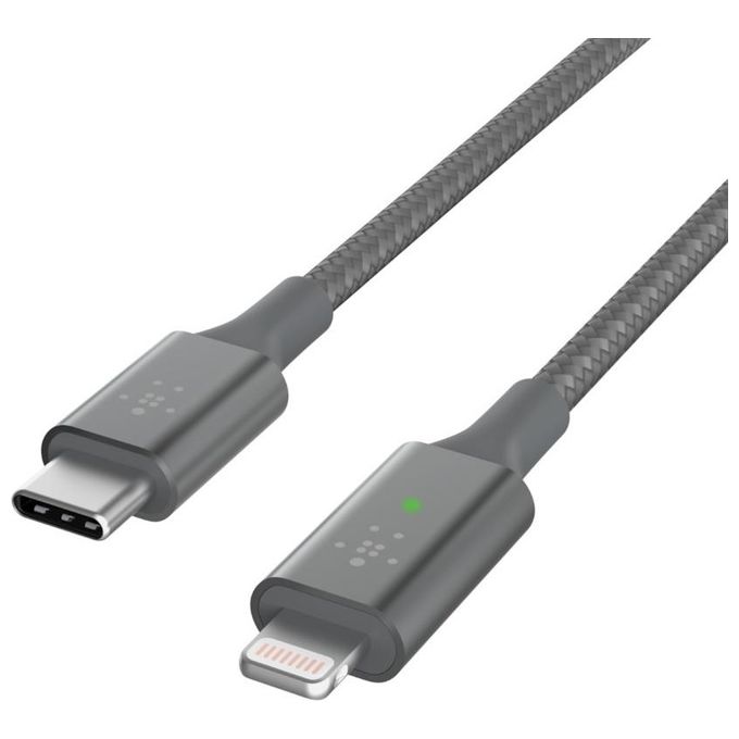 Belkin Cavo di Ricarica da USB-C a Lightning con Led Intelligente 1.2mt Visualizza lo Stato di Ricarica Ricarica Rapida per iPhone Grigio