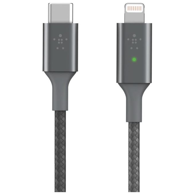 Belkin Cavo di Ricarica da USB-C a Lightning con Led Intelligente 1.2mt Visualizza lo Stato di Ricarica Ricarica Rapida per iPhone Grigio