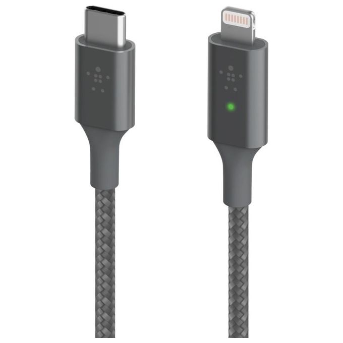 Belkin Cavo di Ricarica da USB-C a Lightning con Led Intelligente 1.2mt Visualizza lo Stato di Ricarica Ricarica Rapida per iPhone Grigio