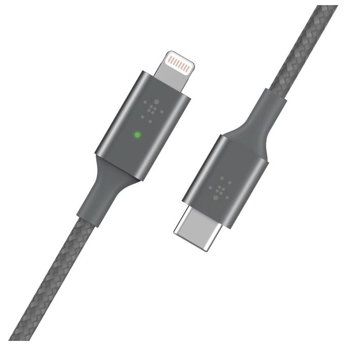 Belkin Cavo di Ricarica da USB-C a Lightning con Led Intelligente 1.2mt Visualizza lo Stato di Ricarica Ricarica Rapida per iPhone Grigio