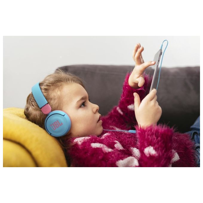 Jbl JR310 Cuffie per Bambini con Cavo e Limitatore di Volume Cuffie On Ear con Microfono e Filo Piatto Antigroviglio su un Lato Pieghevoli Leggere e Comode Blu