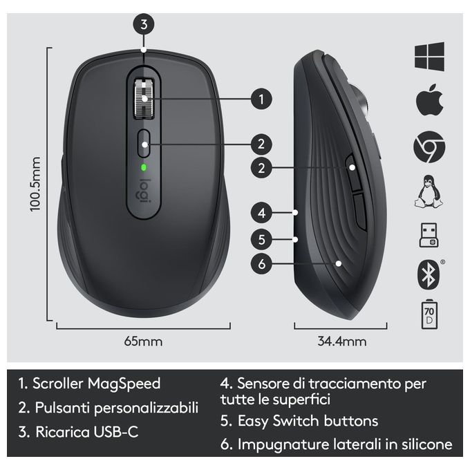 Logitech MX Anywhere 3 Mouse Wireless A Rf e Bluetooth 4000 Dpi Mano Destra