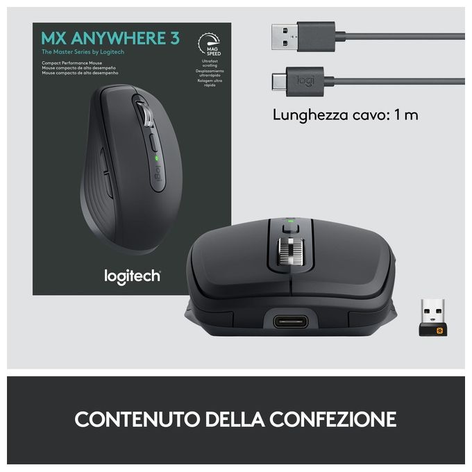 Logitech MX Anywhere 3 Mouse Wireless A Rf e Bluetooth 4000 Dpi Mano Destra