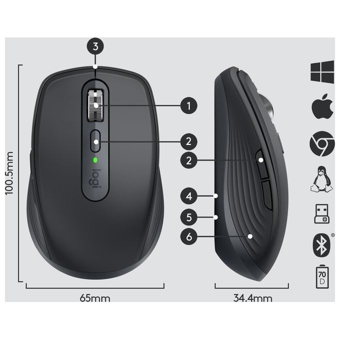 Logitech MX Anywhere 3 Mouse Wireless A Rf e Bluetooth 4000 Dpi Mano Destra