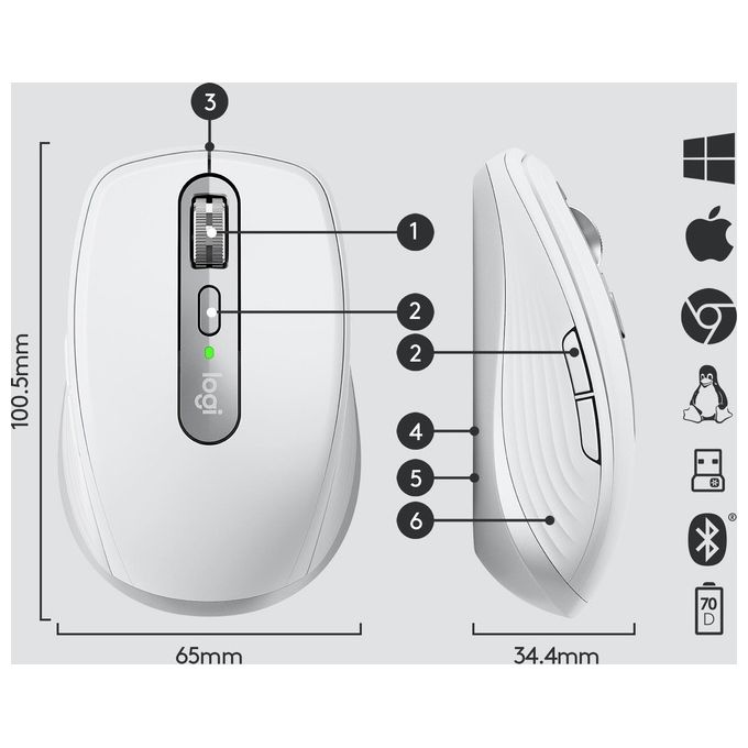 Logitech Mx Anywhere 3 Mouse Wireless A Rf Bluetooth 4000 Dpi Mano Destra