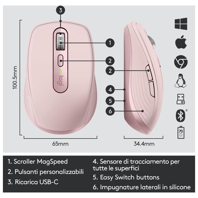 Logitech Mx Anywhere 3 Mouse Mano Destra Wireless A Rf + Bluetooth 4000 Dpi