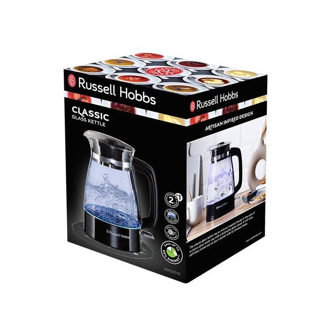 Russell Hobbs 26080-70 Classics Bollitore Caraffa in Vetro Illuminazione Interna Blu Base Girevole a 360 Gradi