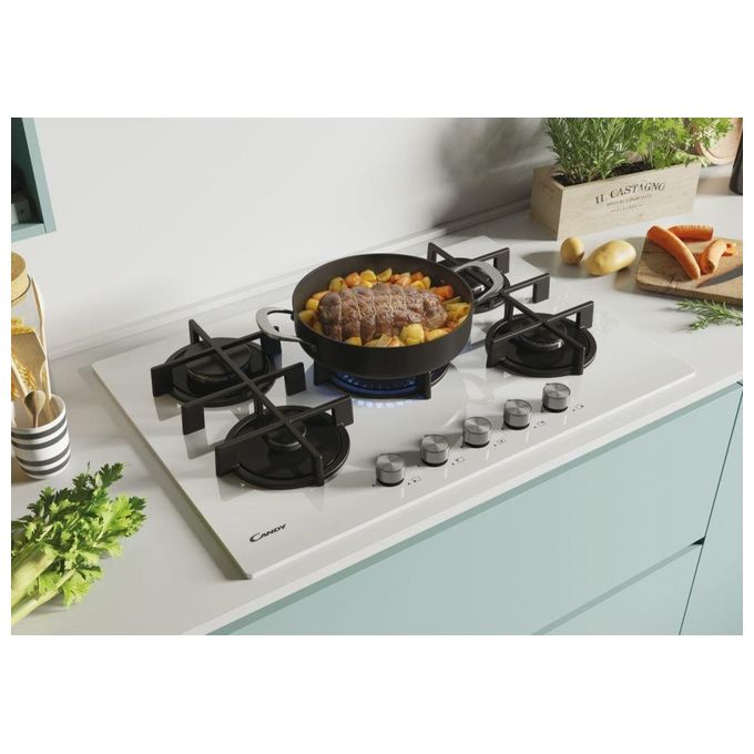 Candy CVG74WPW New Timeless GOG Piano Cottura a Gas su vetro 5 zone Manopole New Timeless Bruciatore speciale al centro DC Griglie in ghisa 75 cm 5 livelli di potenza Bianco