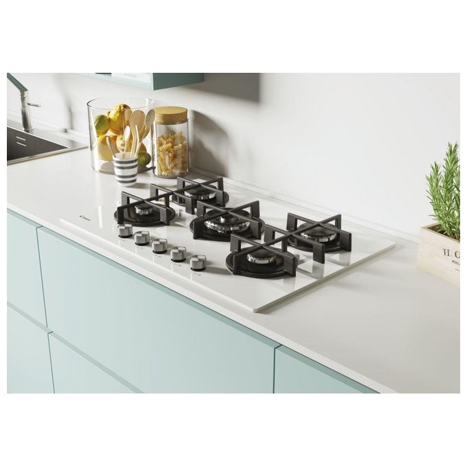 Candy CVG74WPW New Timeless GOG Piano Cottura a Gas su vetro 5 zone Manopole New Timeless Bruciatore speciale al centro DC Griglie in ghisa 75 cm 5 livelli di potenza Bianco