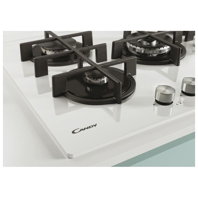 Candy CVG74WPW New Timeless GOG Piano Cottura a Gas su vetro 5 zone Manopole New Timeless Bruciatore speciale al centro DC Griglie in ghisa 75 cm 5 livelli di potenza Bianco