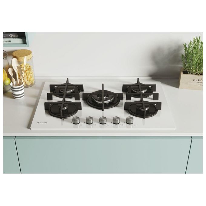 Candy CVG74WPW New Timeless GOG Piano Cottura a Gas su vetro 5 zone Manopole New Timeless Bruciatore speciale al centro DC Griglie in ghisa 75 cm 5 livelli di potenza Bianco