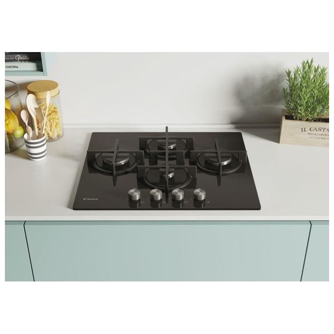 Candy CVG6DPB New Timeless GOG Piano Cottura a Gas su vetro 4 zone Rombo-Diamond Manopole New Timeless Griglie in ghisa 60 cm 4 livelli di potenza Nero