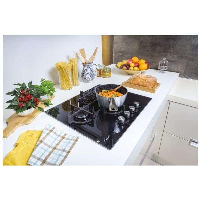 Candy CVG6DPB New Timeless GOG Piano Cottura a Gas su vetro 4 zone Rombo-Diamond Manopole New Timeless Griglie in ghisa 60 cm 4 livelli di potenza Nero