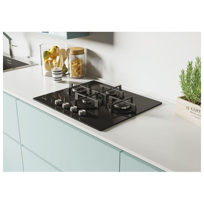 Candy CVG6DPB New Timeless GOG Piano Cottura a Gas su vetro 4 zone Rombo-Diamond Manopole New Timeless Griglie in ghisa 60 cm 4 livelli di potenza Nero