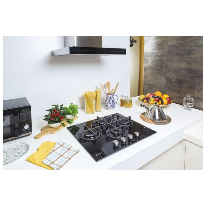Candy CVG6DPB New Timeless GOG Piano Cottura a Gas su vetro 4 zone Rombo-Diamond Manopole New Timeless Griglie in ghisa 60 cm 4 livelli di potenza Nero