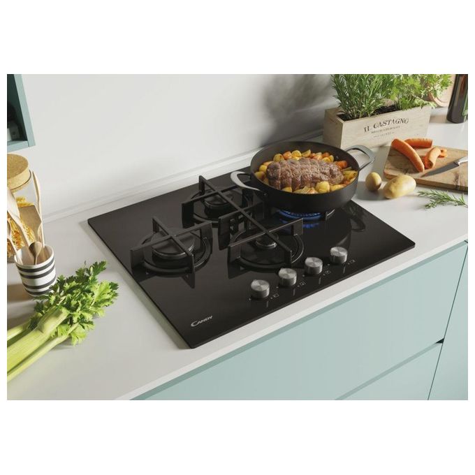 Candy CVG6DPB New Timeless GOG Piano Cottura a Gas su vetro 4 zone Rombo-Diamond Manopole New Timeless Griglie in ghisa 60 cm 4 livelli di potenza Nero