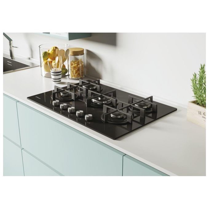 Candy CVG74WPB New Timeless GOG Piano Cottura Gas su vetro 5 zone Manopole New Timeless Bruciatore speciale al centro DC Griglie in ghisa 4 livelli di potenza 75 cm Nero