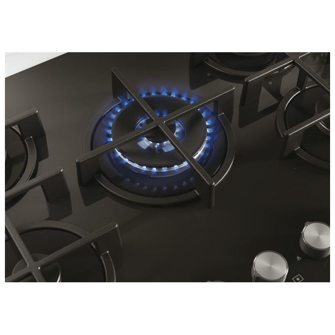 Candy CVG74WPB New Timeless GOG Piano Cottura Gas su vetro 5 zone Manopole New Timeless Bruciatore speciale al centro DC Griglie in ghisa 4 livelli di potenza 75 cm Nero